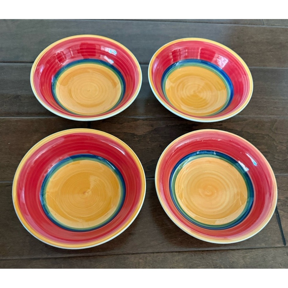 Royal Norfolk Mambo Style Rainbow Striped Bowls 7.5" Yellow Center Lot of 4